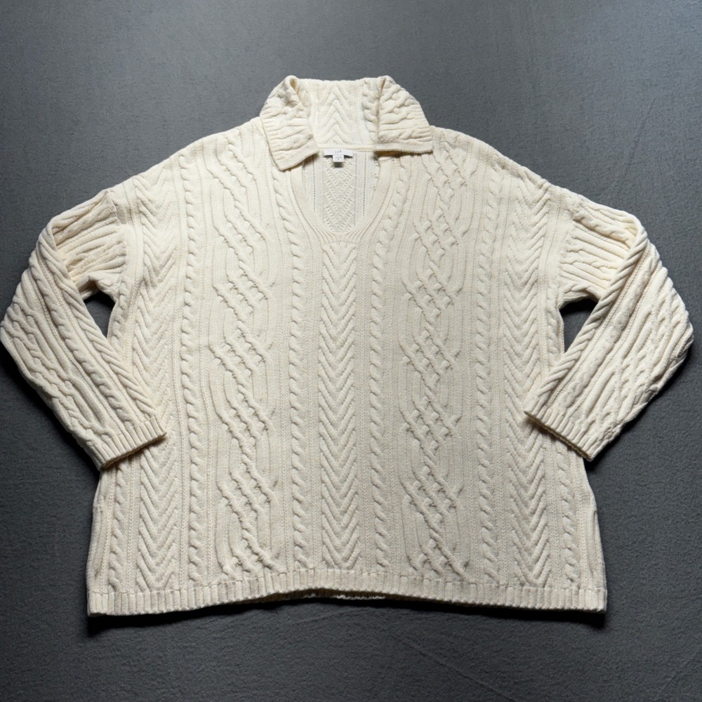 J. Jill Cream Cable Knit Split Collar V-Neck Sweater Size XL Ivory Cotton Blend